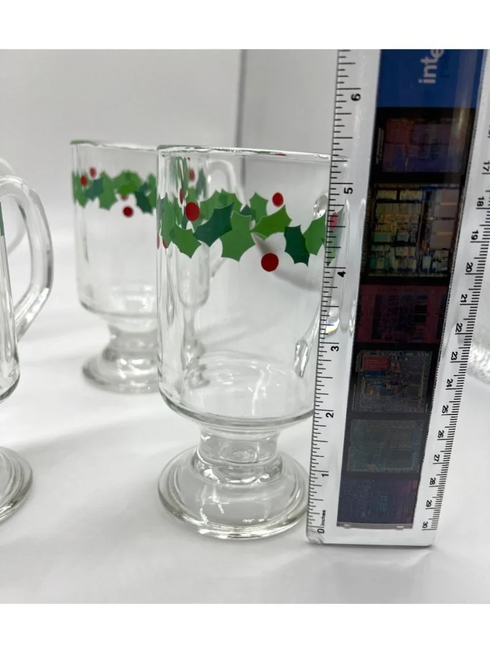 Set Of 6 LIbby Glass Pedestal Mugs With Christmas Holly & Berry Design - 5